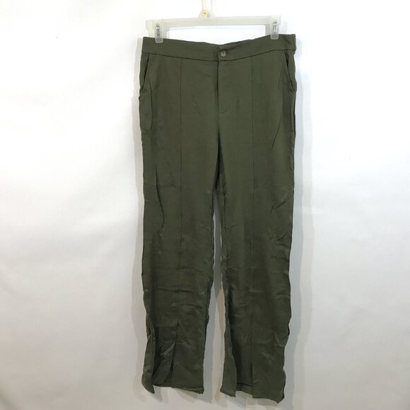 High Waisted Wide Leg Pants Pockets Front Split Flare Leg Olive Green Knit XL - Picture 3 of 10